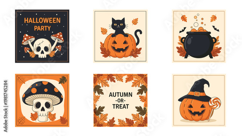 Set of six halloween party cards includes illustrations of a skull, a black cat on a pumpkin, a bubbling cauldron, and more.
