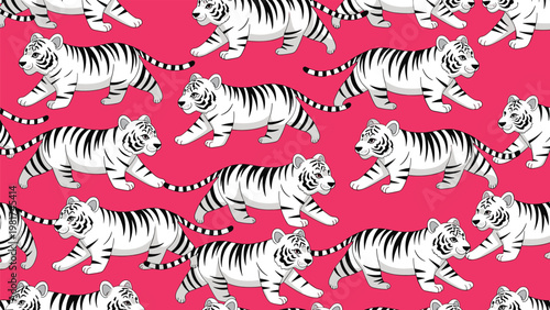 Seamless pattern features several white tigers with black stripes walking in unison across a vibrant pink colored background.