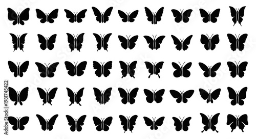 Collection of various butterfly silhouettes on white background.