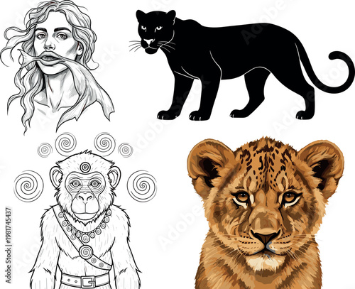 Big cat and primate illustration set with panther silhouette lion cub portrait and artistic monkey character vector collection
