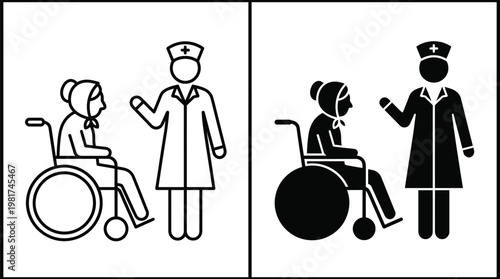 Accessibility signage depicting healthcare professionals assisting patients in wheelchairs presented in black and white