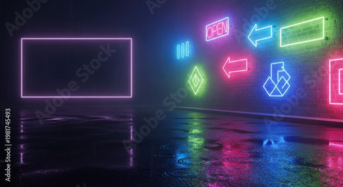 A dark alleyway with vibrant neon signs reflecting off the wet pavement at night