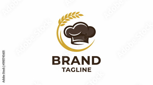 An enticing culinary logo highlighting a chef’s hat and wheat, representing food, cooking, and creativity for use in restaurants, catering services, or food-related businesses.