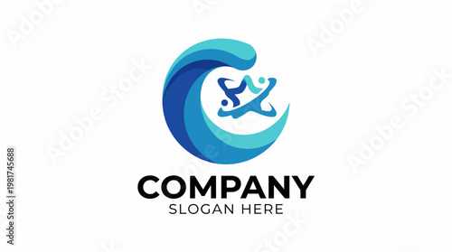This logo features a wave and two figures, symbolizing fun, adventure, and enjoyment, perfect for recreational brands or activities related to leisure and entertainment.