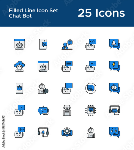 Smart communication filled line icon pack for chatbot dashboard. Connected device icons