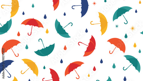 Cheerful seamless pattern of vibrant colorful umbrellas and blue raindrops on a clean white background for rainy seasons.