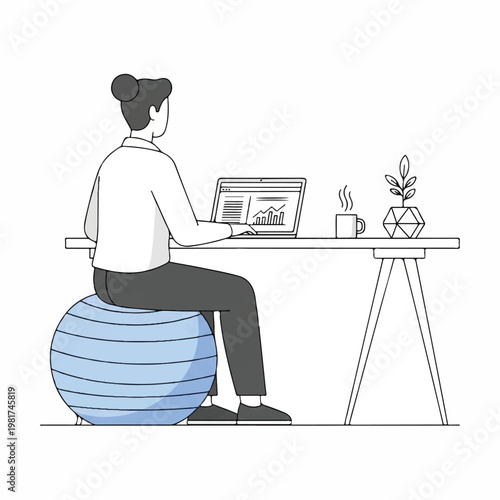 A woman sits on a blue ball at a desk working on her laptop.