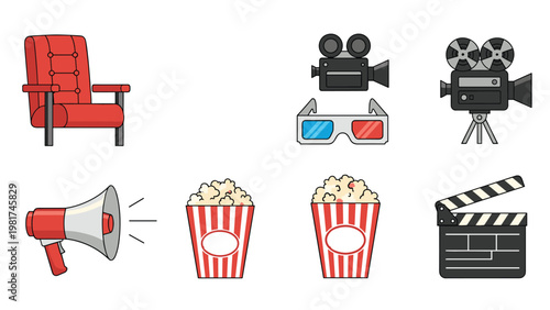 Collection of cinema and movie production icons including camera, popcorn, chair, megaphone, and director clapperboard.