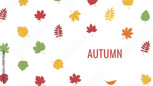 Seasonal autumn background featuring a variety of colorful falling leaves and central typography for the autumn season.