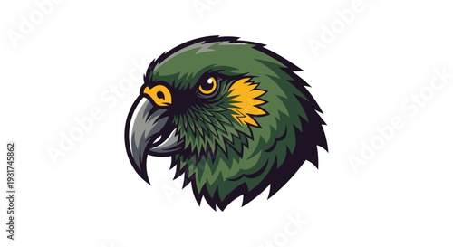 Green Parrot Head Illustration with Yellow Eye.