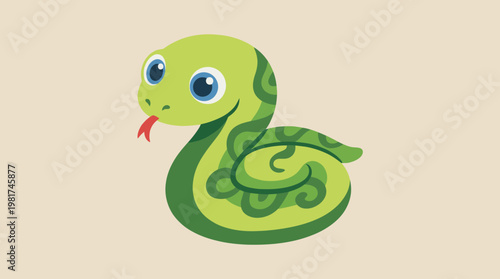 This charming cartoon snake features vibrant green colors, large blue eyes, and a playful expression, representing a friendly and whimsical interpretation of reptiles.