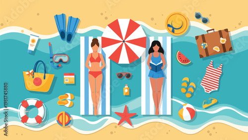 Top view illustration of people relaxing on a sandy beach with summer essentials like umbrellas, fruit, and swimgear.