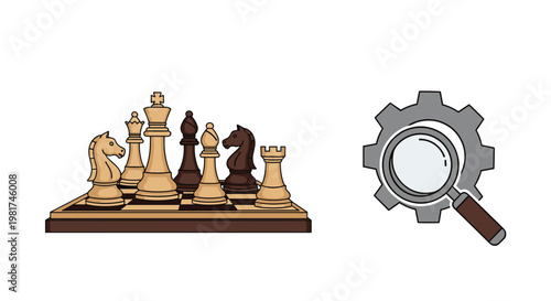 Strategic illustration combining a chessboard with pieces and a magnifying glass integrated with a gear, symbolizing strategic planning, analysis, and problem-solving.