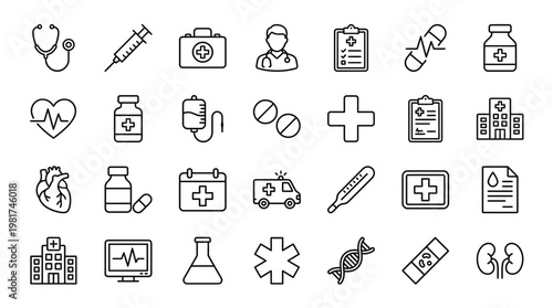 Comprehensive collection of medical icons representing healthcare treatment and pharmaceutical elements in a linear style