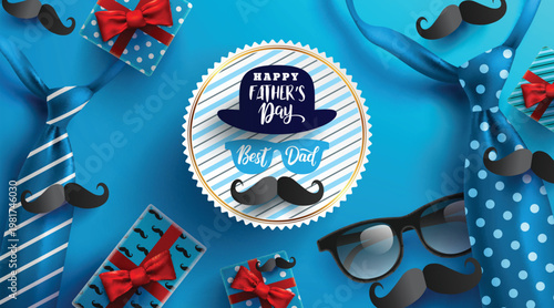 Flat lay style of Happy Father's Day inscription with necktie,glasses and gift box for dad on blue background.Greetings and presents for Father's Day.Vector illustration EPS10