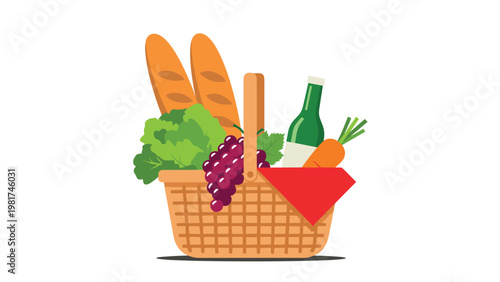 Illustration of a traditional wicker picnic basket filled with fresh baguette bread, green lettuce, purple grapes, carrots, and a wine bottle.