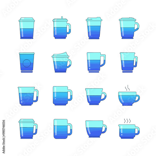 Blue Water Cup Icon Set Beverage Mugs And Travel Tumbler Vector Graphics
