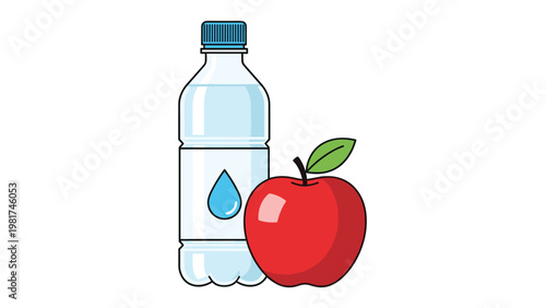 Healthy lifestyle illustration showing a clear plastic water bottle with a blue cap next to a ripe red apple on a white background.