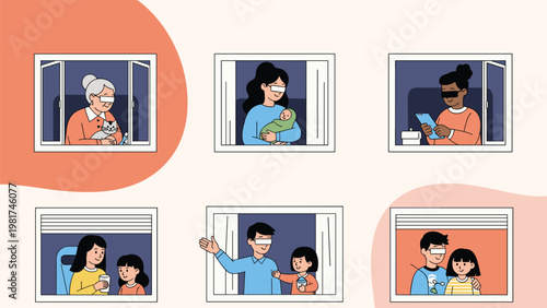 Diverse people and families engaged in different activities while looking out of their apartment windows during a stay at home period.