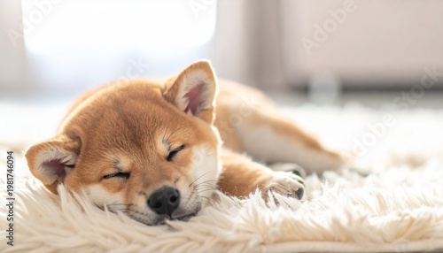 Shiba Inu puppy sleeping on a soft blanket
