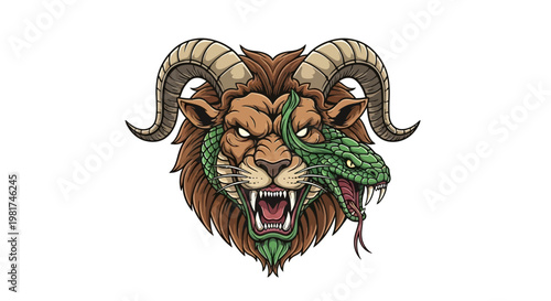 Fotografía Lion Head with Snake and Horns Illustration.