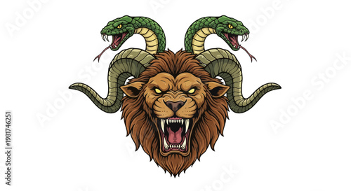 Lion Head with Snakes Illustration Artwork.