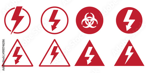 Lightning bolt strike icon with electrical impact on ground, high voltage power symbol set