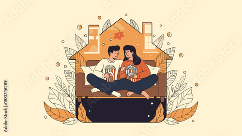 Illustration of a cozy couple sitting on a sofa and eating popcorn while watching a movie inside a house-shaped frame with autumn leaves.