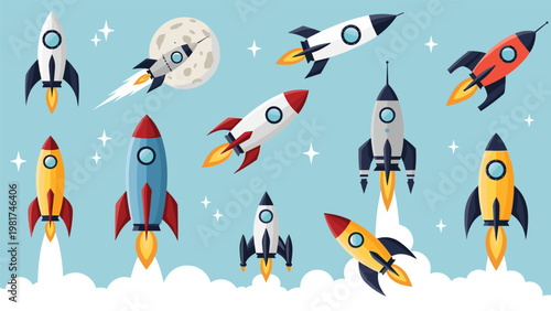 Collection of diverse space rockets, shuttles, and spaceships launching into the sky with a moon and stars on a blue background.