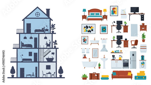 Comparison of a multi-story house interior silhouette and a large collection of separate furniture icons like beds, desks, and sofas.