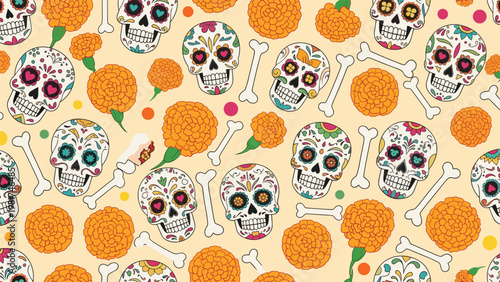 Vibrant seamless pattern for day of the dead featuring ornate sugar skulls with hearts, orange marigolds, and white bones on a cream background.