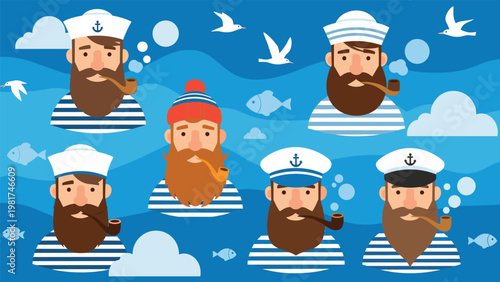 Collection of six bearded sailor characters in striped shirts and hats surrounded by seagulls, fish, and clouds in a blue sea setting.