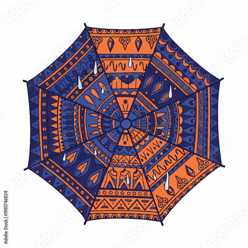 Vibrant orange and blue tribal patterned umbrella opens widely indoors