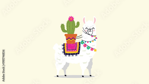 Adorable white llama illustration carrying a potted cactus and wearing a colorful traditional blanket and tassels on a cream background.