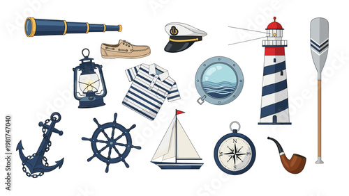 Collection of various nautical and marine objects including a lighthouse, a ship, an anchor, a compass, and a sailor hat on white background.
