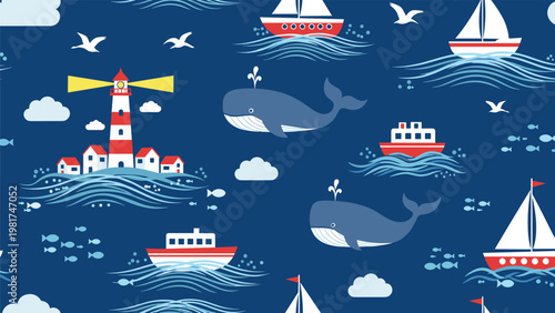 Nautical seamless pattern showing lighthouses, sailboats, and large whales swimming in a deep blue sea with seagulls and small fish.