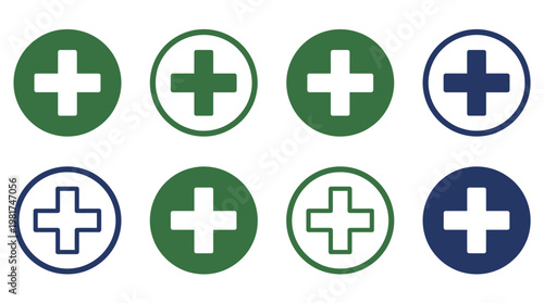 Eight oval medical emblems a collection of white and blue crosses on green and navy backgrounds