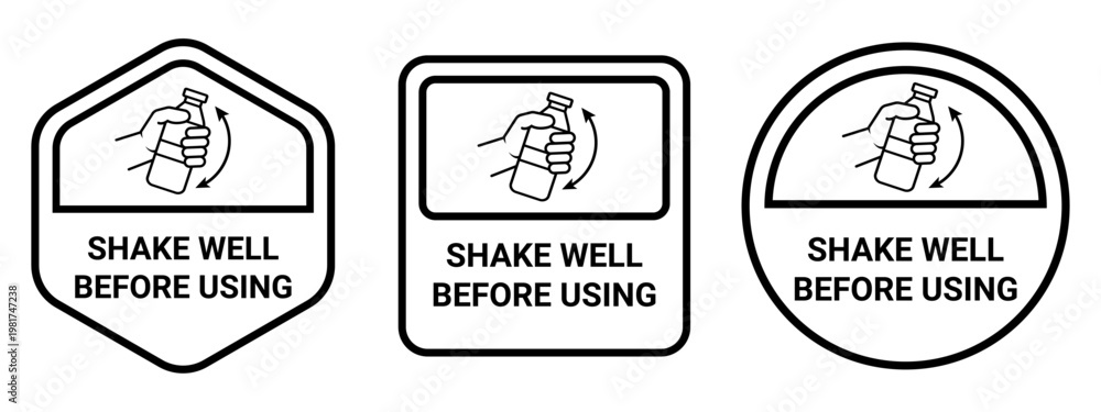 Obraz premium Shake Well Before Using Label Icons for Product Packaging Instructions