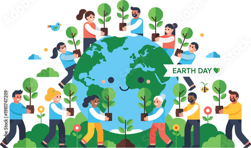 A diverse group of people planting trees around a smiling Earth globe, celebrating Earth Day and environmental protection.