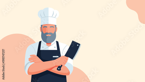 Professional character illustration of a bearded butcher in a white chef hat and black apron holding a meat cleaver with arms crossed.