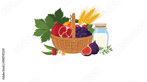 Woven basket filled with traditional Shavuot foods like pomegranates, grapes, wheat, figs, and a bottle of milk on a white background.