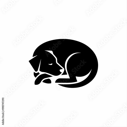 Black silhouette of a dog curled.