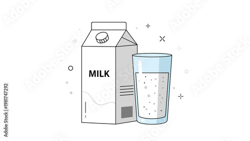 Simple line art illustration of a cardboard milk carton and a full glass of milk with abstract bubbles on a white background.