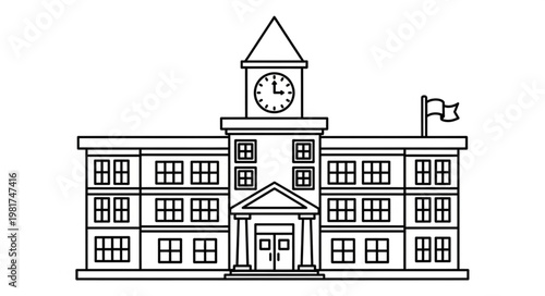 Classic School Building with Clock Tower and Flag.