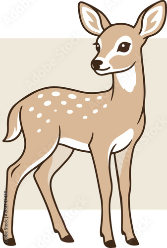 Cartoon deer with white spots standing.
