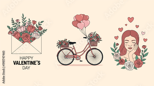 Romantic Valentine's Day illustrations featuring an envelope of roses, a bicycle with heart balloons, and a beautiful woman.