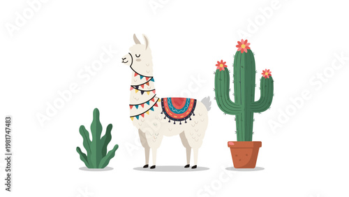 Charming illustration of a decorated llama standing next to a flowering cactus in a simple, flat cartoon style on a white background.