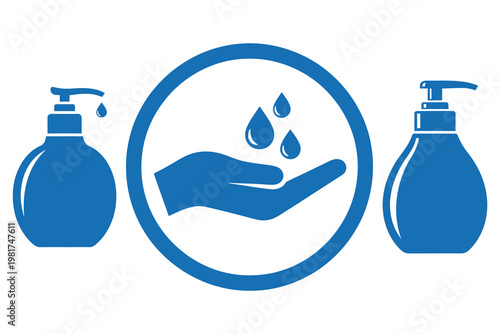 Hygiene and Hand Washing Icon Set with Soap Dispenser and Sanitizer for Health and Safety