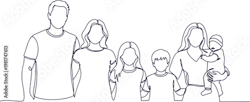 Family sketch showing five members with a child being carried