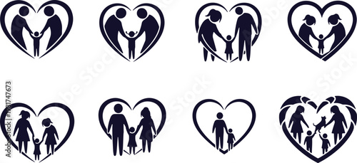 Diverse family structures illustrated within heart shapes to symbolize love and unity
